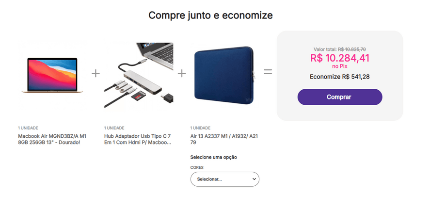 exemplo de compre junto da Yampi: notebook + adaptador + capa