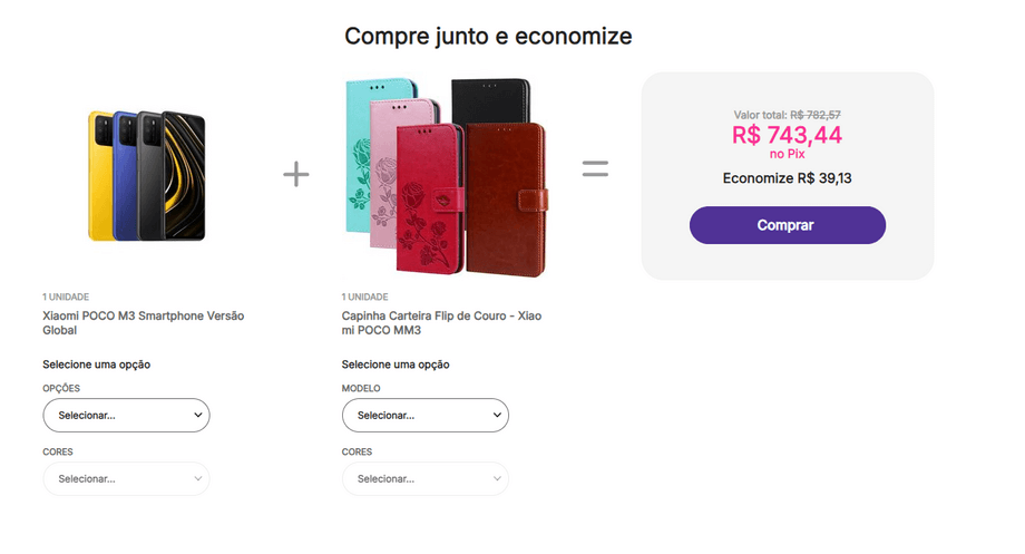 exemplo de compre junto: celular + capa