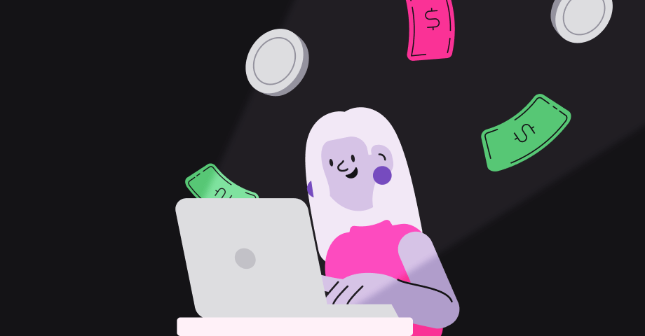 ilustração de uma mulher na frente do computador, com fundo preto e notas de dinheiro e moedas caindo